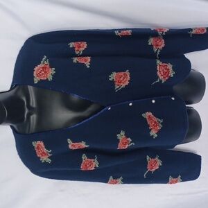 Vintage Tanner Sport Floral wool Cardigan Womens L V Neck Blue pink roses